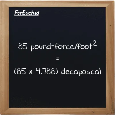 85 pound-force/foot<sup>2</sup> is equivalent to 406.98 decapascal (85 lbf/ft<sup>2</sup> is equivalent to 406.98 daPa)